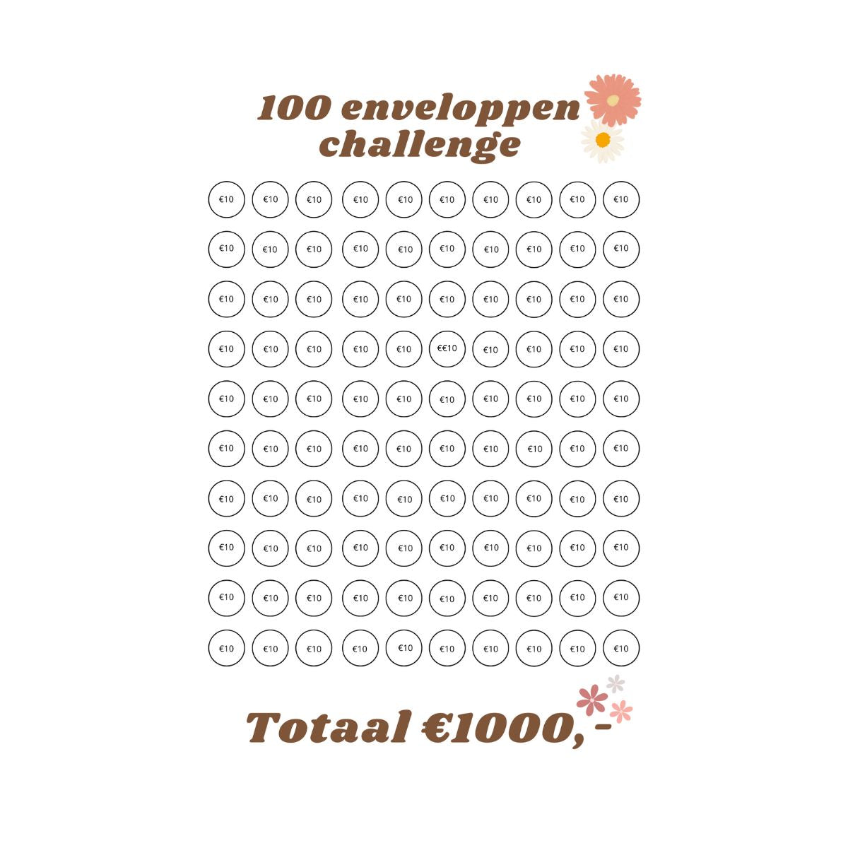 A5 spaarchallenge 100 enveloppen €1000,-